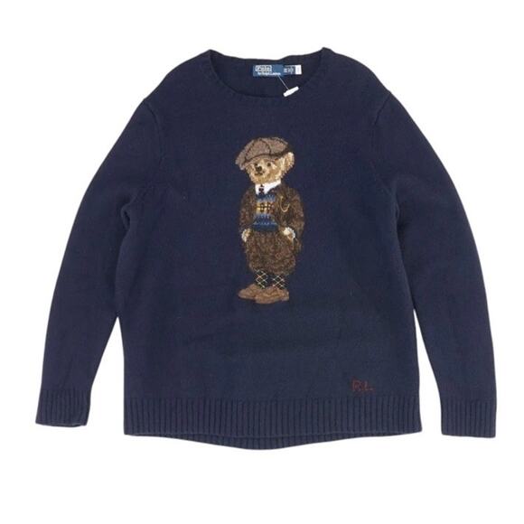 Polo Ralph Lauren Navy Knit CAMO PANTS BEAR Sweater Mens 2XB Wool - Picture 1 of 5